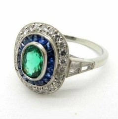 Art Deco Oval Emerald & Baguette Sapphire Lab Created Diamond 925 Silver Ring