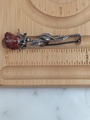 Vintage Sterling Silver Carved Baltic Amber Rose Flower Brooch Pin 2″
