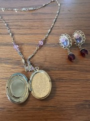 Vintage 1928 Brand Locket Necklace and Earrings Victorian Rose Gold Tone