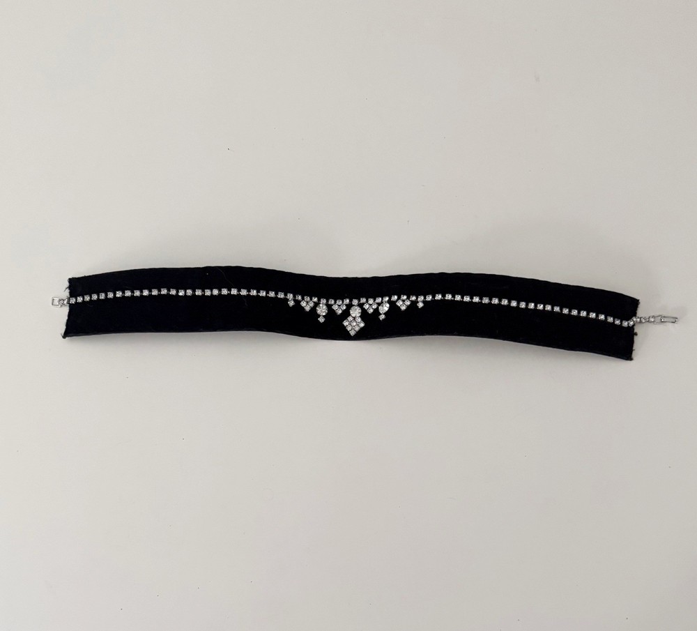 Handmade Victorian Black Velvet Trim + Rhinestone Choker – 14.5 in