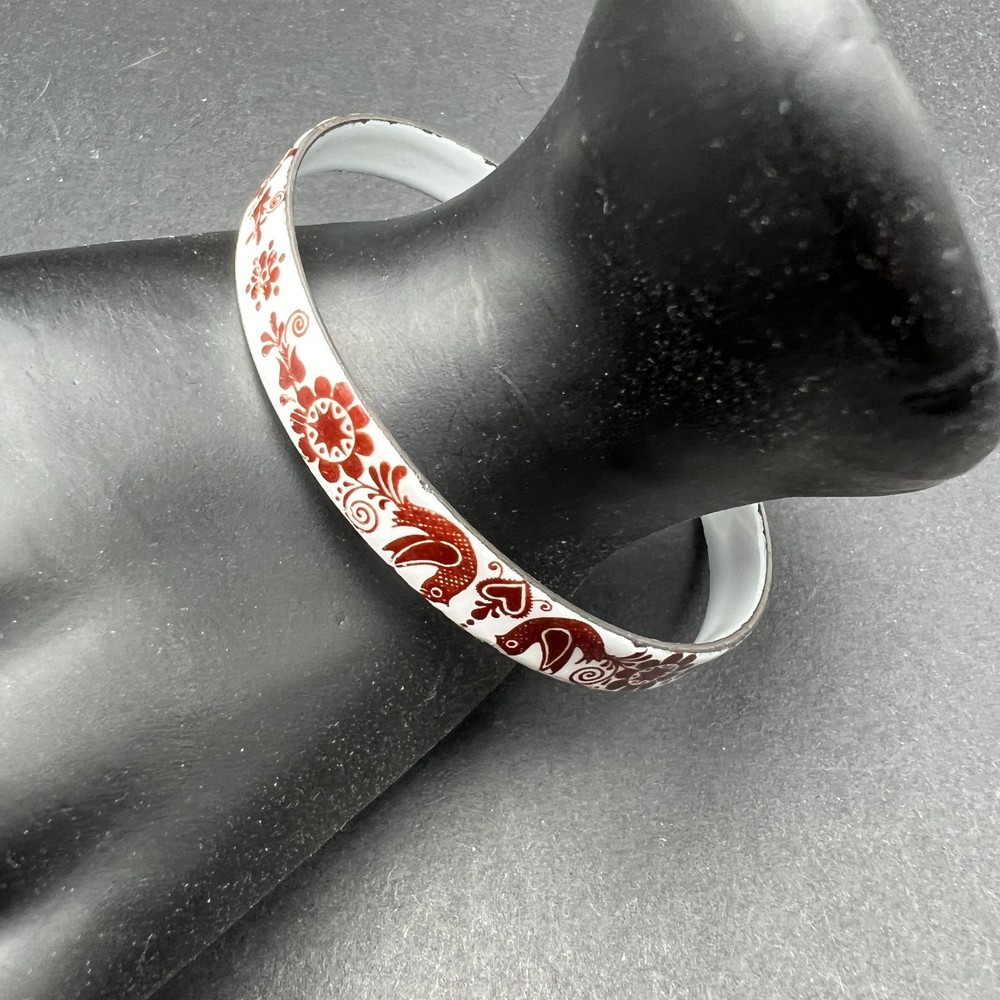 Vintage Enamel Bangle Bracelet White Red Brown Folk Art Bird Floral Boho Retro