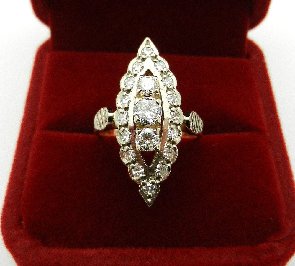 Vintage Solid 14k 585 Rose & White Gold Cluster Diamonds Navette Ring size 5.5