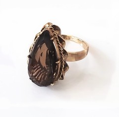 Retro 14K Gold 30s-40s Vintage Smoky Quartz Topaz 10 Ct Pear Huge Cocktail Ring
