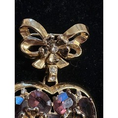 1950s Coro Heart Brooch Gold Tone & Purple Stones 3″
