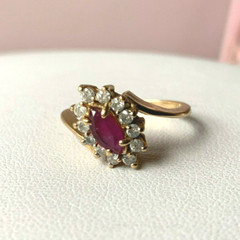 VINTAGE 14K YELLOW GOLD RED NAVETTE MARQUISE CUT GENUINE RUBY AND DIAMONDS RING
