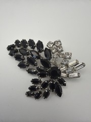 Vintage Jet Black Navettes Floral Spray Rhinestone Accent Silver Tone Brooch