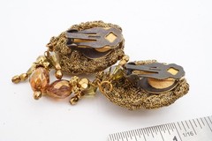 Vintage Clip On Earrings Gold Tone Glass Bead Mesh