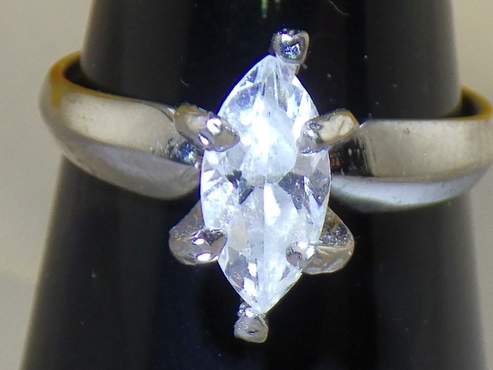 10mm Marquise Cut White Glass Prong Setting on 925 Sterling Vintage Ring Size 7