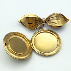 Vintage Gold Bow Brooch Dangle Locket Faux Pearl Photo Pendant Pin