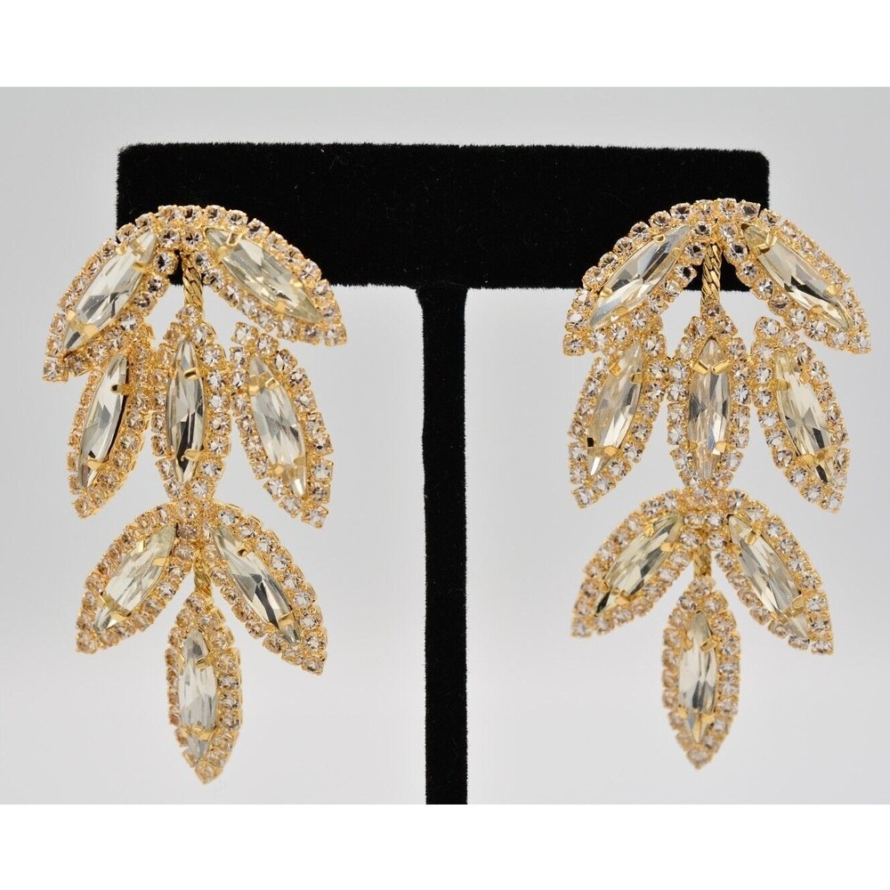 Vintage Crystal Leaf Earrings Drip Dangle Prong Rhinestone Marquise Gold BinAE