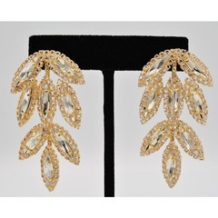 Vintage Crystal Leaf Earrings Drip Dangle Prong Rhinestone Marquise Gold BinAE