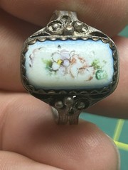 Vintage Hand Painted Porcelain Floral Cabochon Ring Ornate Silver Tone Filigree