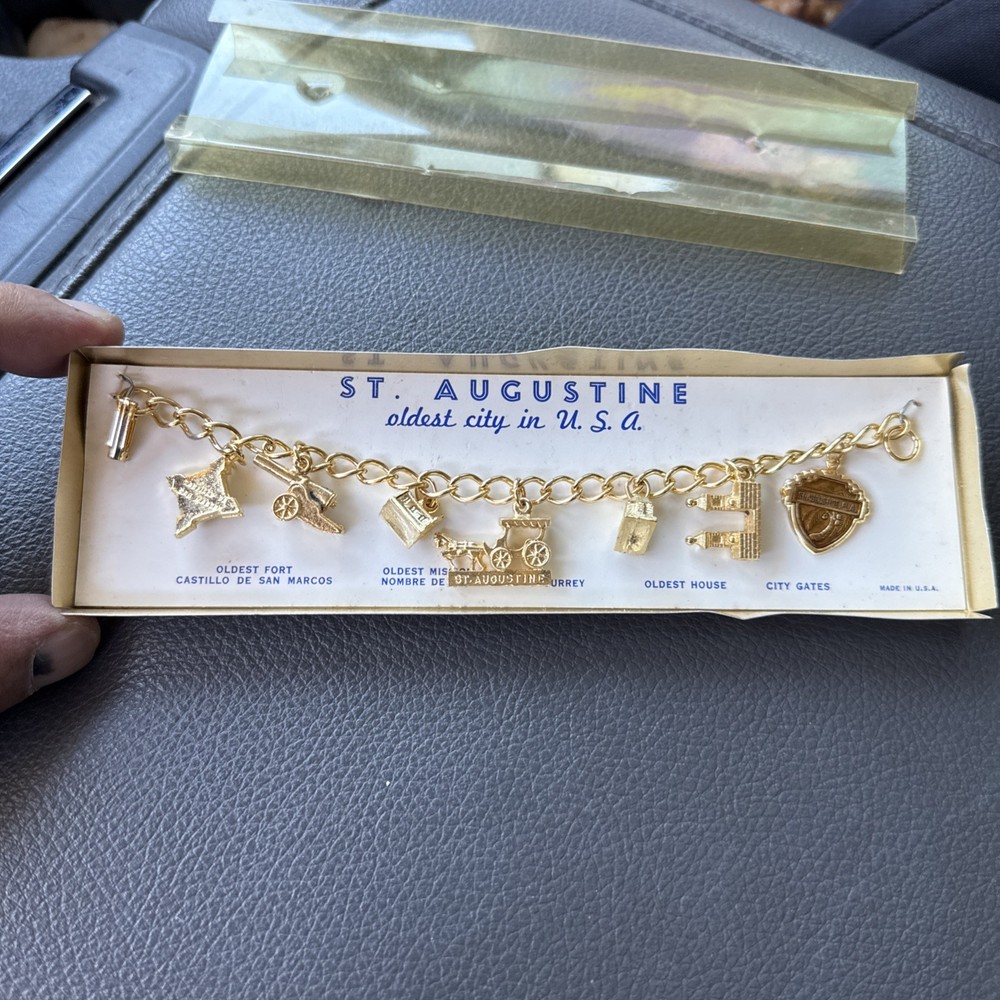 VTG SAINT AUGUSTINE Charm Bracelet Building Enamel Gold Tone Rope Chain NOS