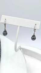 Vintage Freshwater Pearl Necklace Earrings SET Smoky Quartz Drop Gunmetal Chain