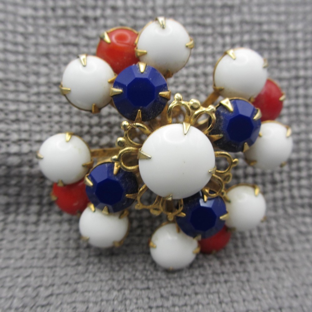 Vintage Milk Glass Brooch Patriotic Red White Blue Prong Set Gold Tone