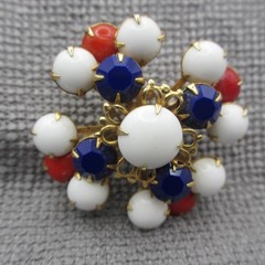 Vintage Milk Glass Brooch Patriotic Red White Blue Prong Set Gold Tone