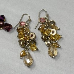 Glass Beaded Dangle Drop Earrings Pair (2) Purple Yellow Fringe Pierced