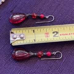 Vintage Red Glass Teardrop Cabochon & Faceted Dangle Drop Pierced Earrings