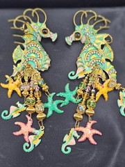 VERY RARE! Vintage Retired Lunch At The Ritz SEAHORSE EARRINGS 5″ Hand painted