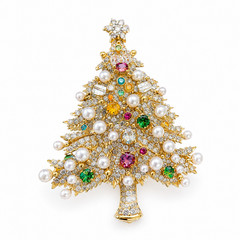Vintage Crystal Christmas Tree Brooch Gold Tone Pearl Rhinestone Pin Gift