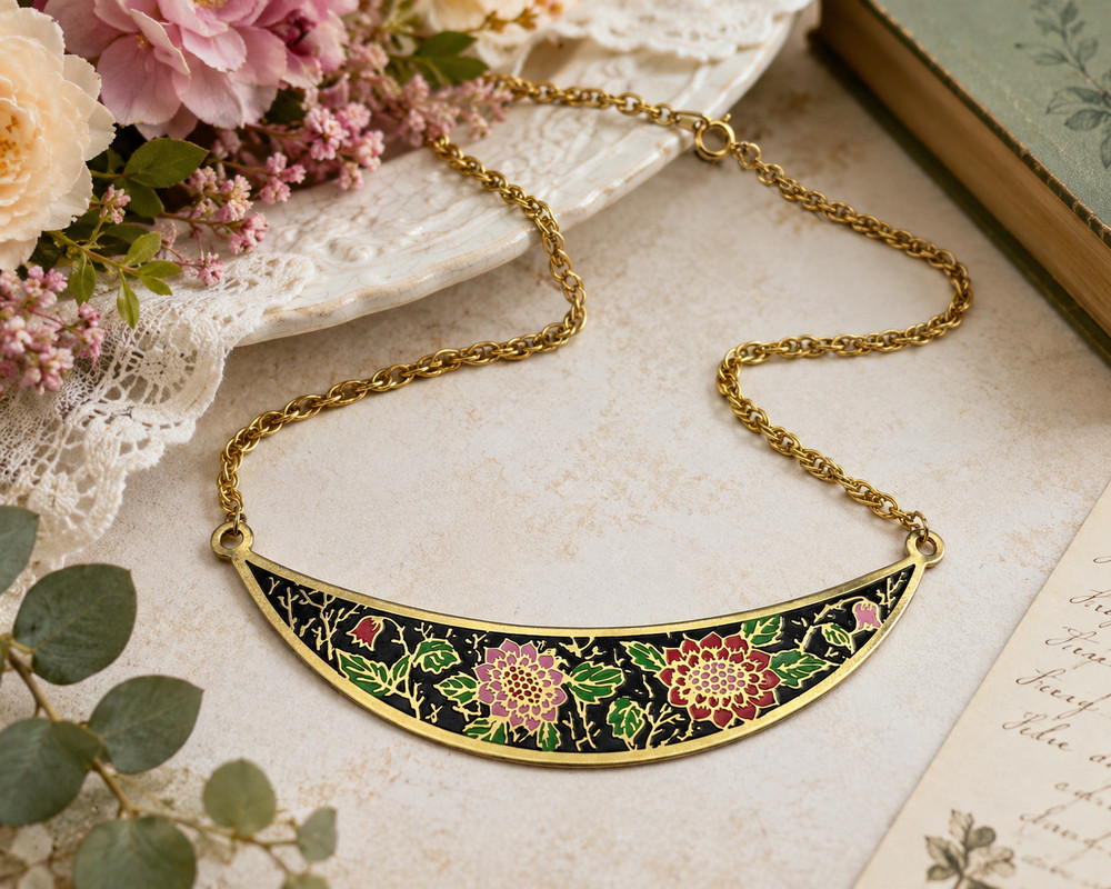 Vintage Black Floral Cloisonne Collar Necklace 17 in Gold Tone Taiwan