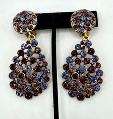 Vintage Oscar de La Renta Gold-Tone With Blue & Purple Crystal Drop Earrings