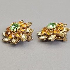 Vintage Judy Lee Rhinestone Earrings Orange Green Pinwheels 1.25″