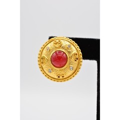 Vintage Cabochon Earrings Red Brushed Gold Matte Chunky Crystal NOS 1980s BinA11