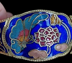 Vintage Cloisonne Cobalt Blue Floral Butterfly Enamel Bracelet Gold Tone