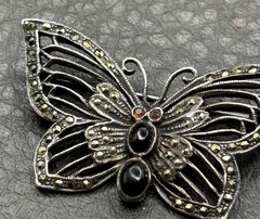 VTG Sterling Silver “IL” Maker Butterfly Brooch Marcasite Black Onyx Deco Style