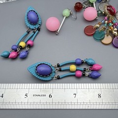 VTG 80s Post Earrings Dangle Metal Tassel Multi Color Acrylic Beads Blue Purple
