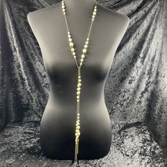 Vintage Flapper 20s Style Lariat Open 56 in Chain Faux Pearl Necklace Tassel