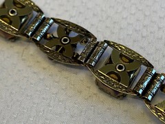 Vtg Art Deco Bracelet 7″ Fashion Jewelry Green Emerald Color Glass Stones