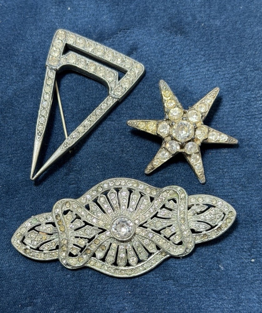 Vintage Ornate Art Deco Rhinestone Brooch Lot 3 PCS Silver Tone Geometric Read