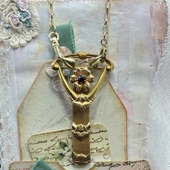 Vintage 12k Gold Filled Pocket Watch Chain Mesh Necklace FOB, Dog Clip, Red Gem