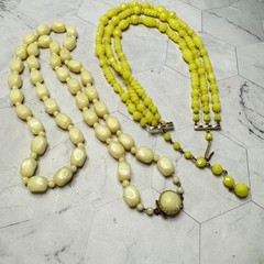 Two Vintage West Germany Necklaces Yellow Off White Lucite Plastic 3 Strand Long