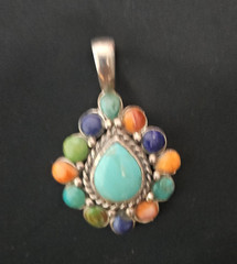 925 Sterling Silver Vintage Pendant Cabochon Gemstone tear drop Cluster signed