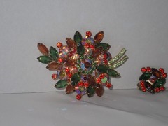 Vintage D&E Juliana Topaz Orange Brooch and Earring Set, Costume Jewelry