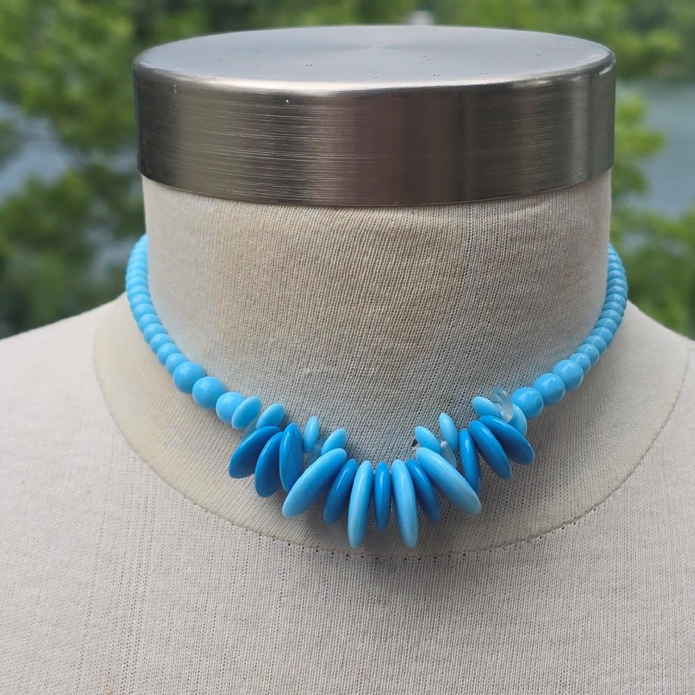 Vintage German Two Tone Blue Glass Bead Statement Necklace 15.5 in. Mid Century