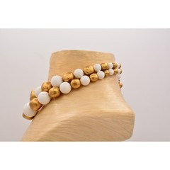 Vintage Collar Choker Necklace Brushed Gold White Beaded Thick Chunky 1980s BinR