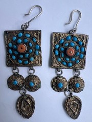 Antique Central Asian silver-gilt earrings with turquoise and coral