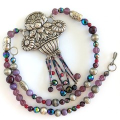 Bold 80s Eclectic Boho Roxsann Purple Floral Pewter Repousse Statement Necklace