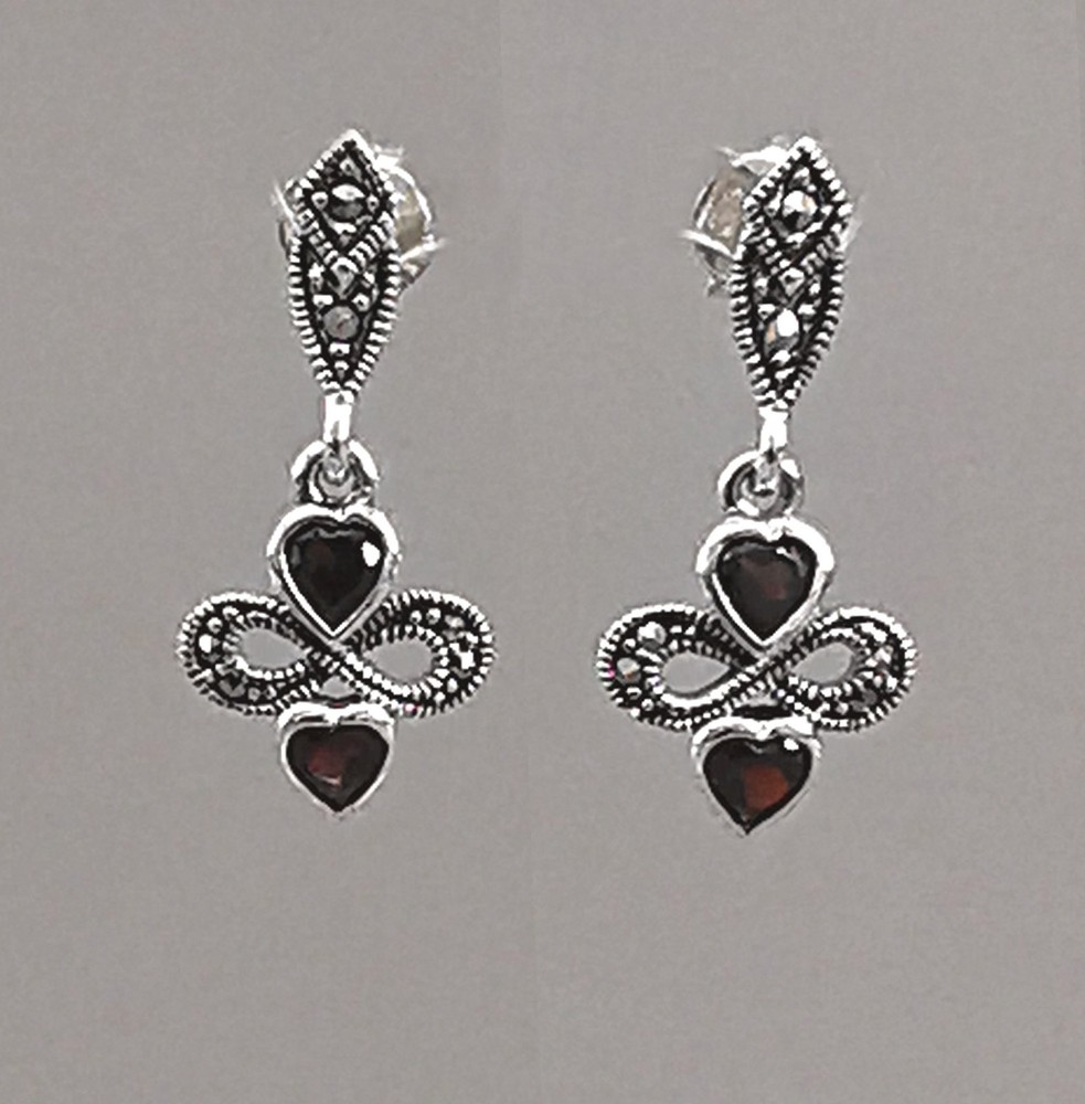 Sterling Silver Garnet Markasite Heart Stud Earrings 925 Silver 1.4x2cm 9927920