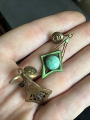 1920s Art Deco Dangle Earring Green Enamel And Stone Brass Clover Screw Back