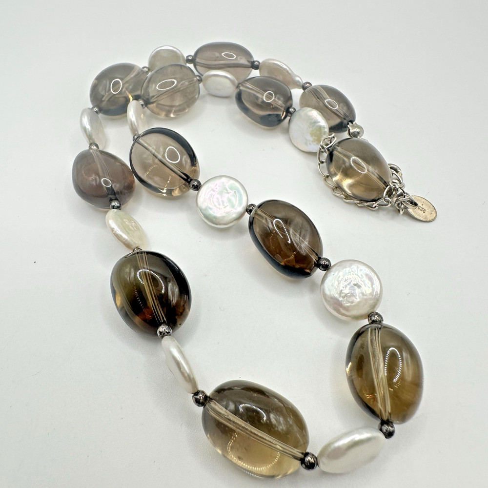Vintage Chunky Smoky Quartz & Coin Pearl Necklace Sterling Silver Donna Dressler