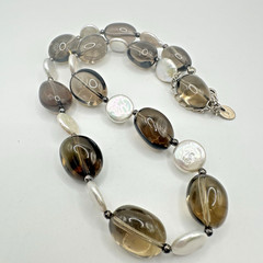 Vintage Chunky Smoky Quartz & Coin Pearl Necklace Sterling Silver Donna Dressler