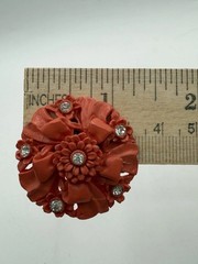 Vintage Carved Celluloid Rhinestone Clip On Earrings Floral Bow Coral Color