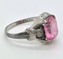 Vintage Ostby & Barton OB Art Deco Ring 925 Sterling Silver Pink Glass Size 6.75
