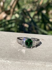 Vintage GIA 2.46ctw Natural Green Cushion Cut Tsavorite Diamond Platinum Ring
