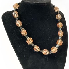 Vintage Art Glass Beaded Necklace Light Pink & Black Artisan Choker Length 14″